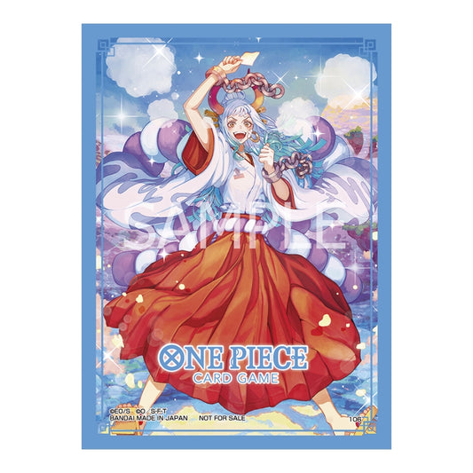 Blue One Piece Card Game protective sleeve featuring Yamato in a red hakama with a sparkling, illustrated background.