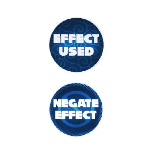 Two round, blue acrylic tokens for One Piece Card Game: "Effect Used" and "Negate Effect" with swirling designs.