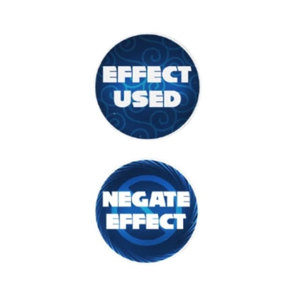 Two round, blue acrylic tokens for One Piece Card Game: "Effect Used" and "Negate Effect" with swirling designs.