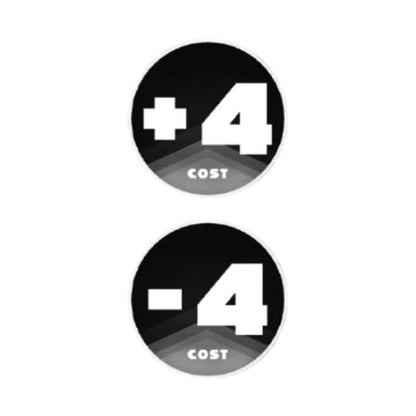 Black acrylic One Piece Card Game tokens: round, with white "+4 COST" and "-4 COST" text.