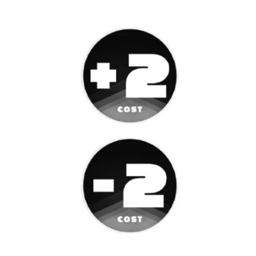 Two round, black and white acrylic One Piece Card Game tokens: "+2 Cost" and "-2 Cost" designs.