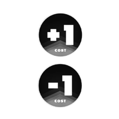 Two round, black acrylic One Piece Card Game tokens: "+1 COST" and "-1 COST" in white.