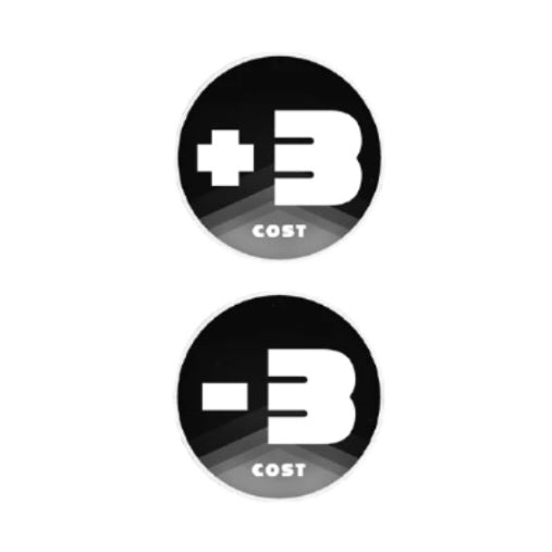 Black and white acrylic One Piece Card Game tokens showing "+3 COST" and "-3 COST" designs.