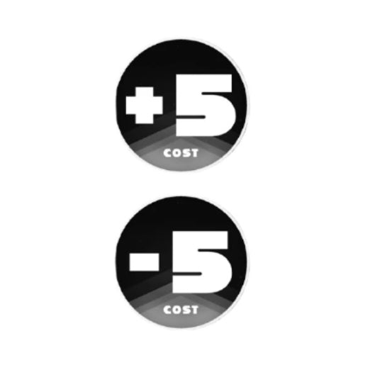Black acrylic One Piece Card Game tokens with white "+5 COST" and "-5 COST" text.