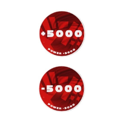 Red acrylic One Piece Card Game tokens, one showing "+5000 Power" and the other "-5000 Power".