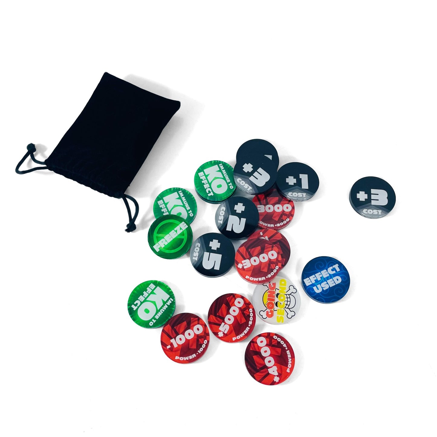 Assorted acrylic One Piece Card Game tokens in black, green, red, and blue, with a black drawstring pouch.