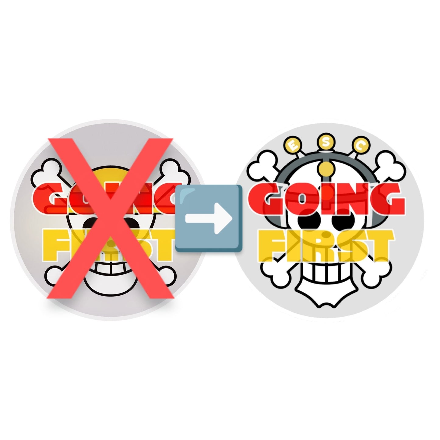 Acrylic One Piece Card Game token with "GOING FIRST" text over a skull, showing a protective film removed.