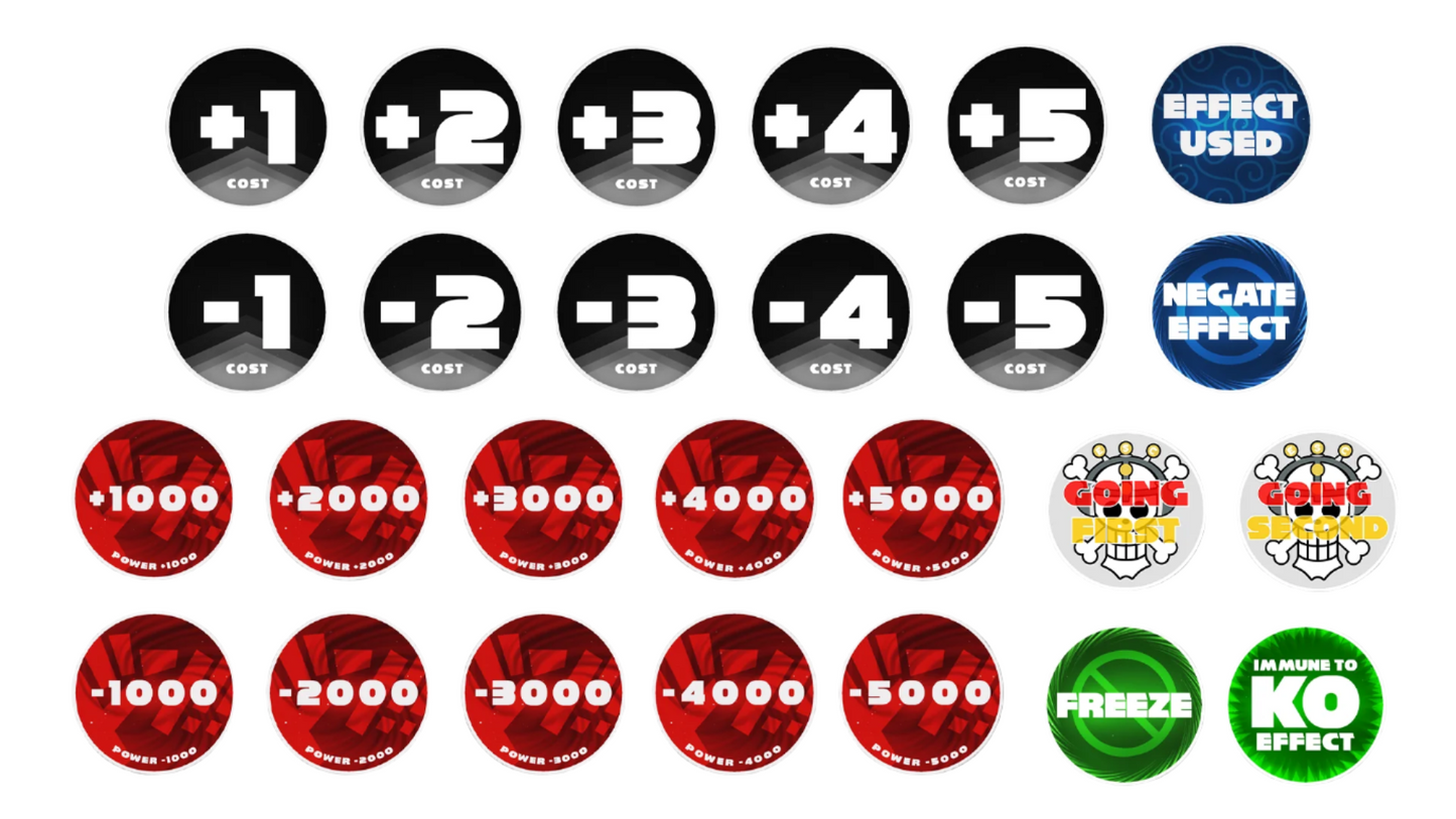 Acrylic One Piece Card Game tokens: black cost, red power, blue effect, green freeze, and white turn order.