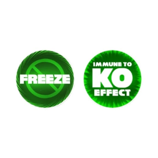 Two round green acrylic One Piece Card Game tokens: "FREEZE" with a stop sign, and "IMMUNE TO KO EFFECT.