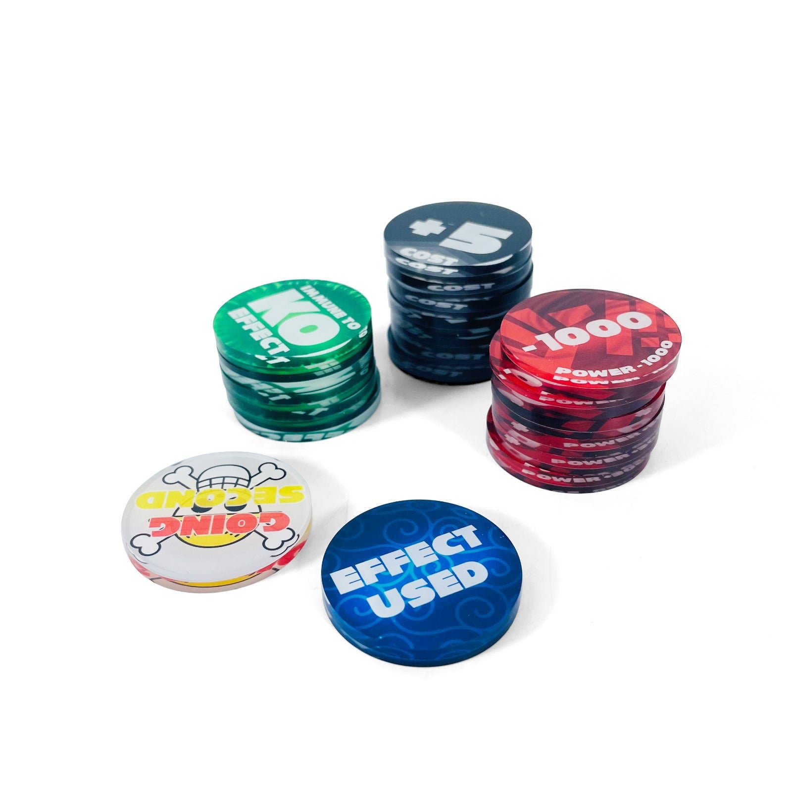 Acrylic One Piece Card Game tokens: red Power, blue Cost, green KO, white Going, and blue Effect Used.