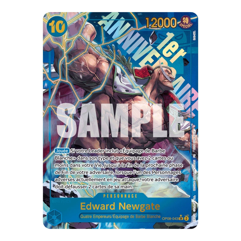 Carte One Piece Edward Newgate OP08-043 édition spéciale 1er anniversaire avec illustration dynamique bleue.