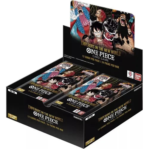 Black One Piece TCG: Emperors in The New World (OP-09) Booster Box with colorful anime art.