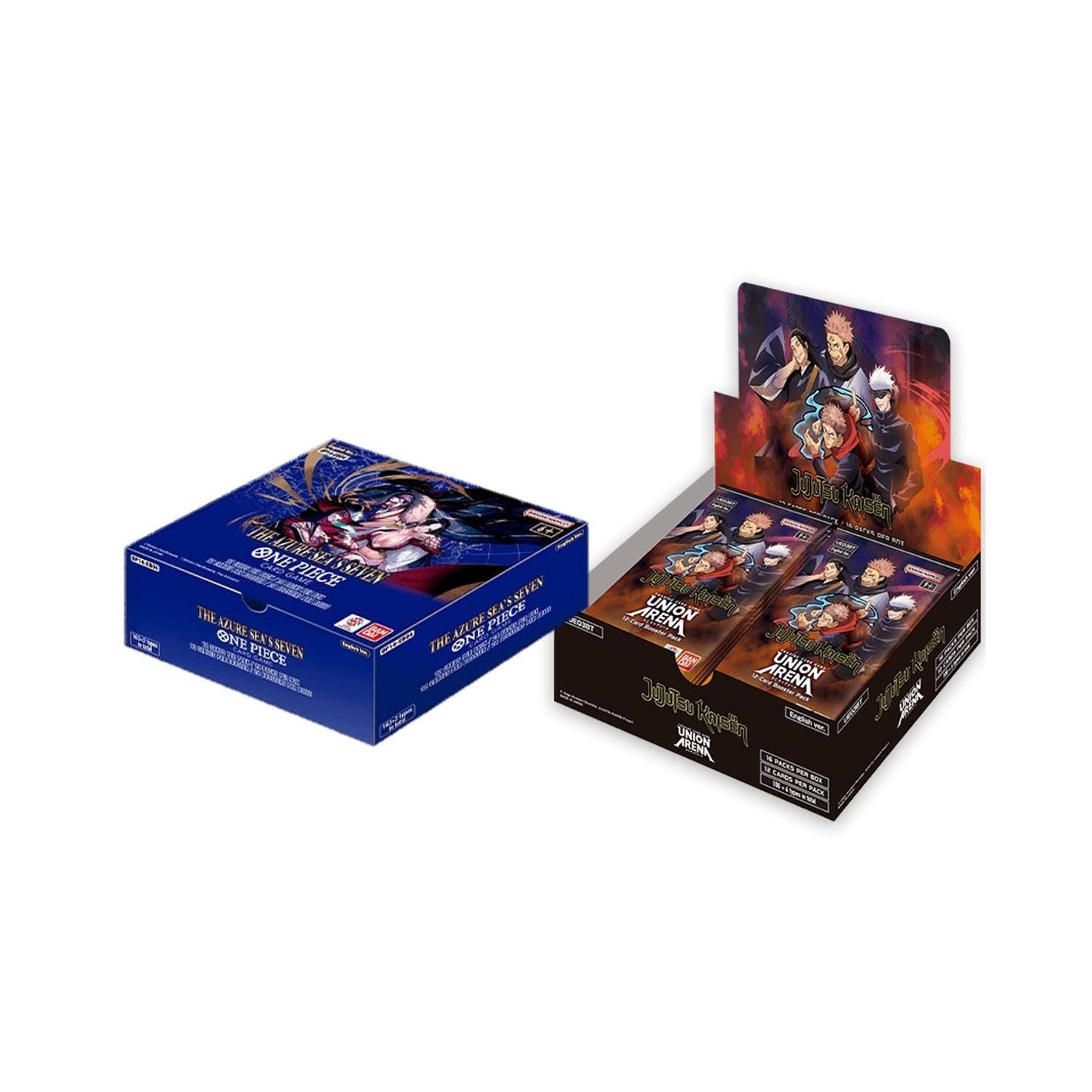 One Piece The Azure Sea's Seven booster box next to an open Jujutsu Kaisen Union Arena card game display box.
