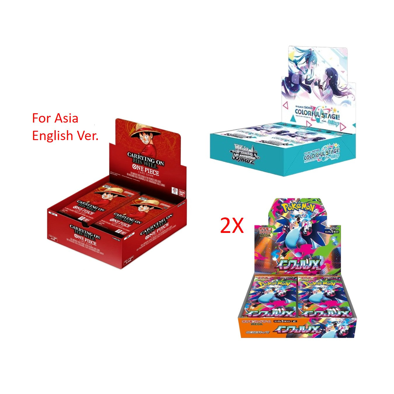 One Piece OP-13 English Asia version booster box, Hatsune Miku box, and two Pokémon Inferno X Japanese booster boxes.