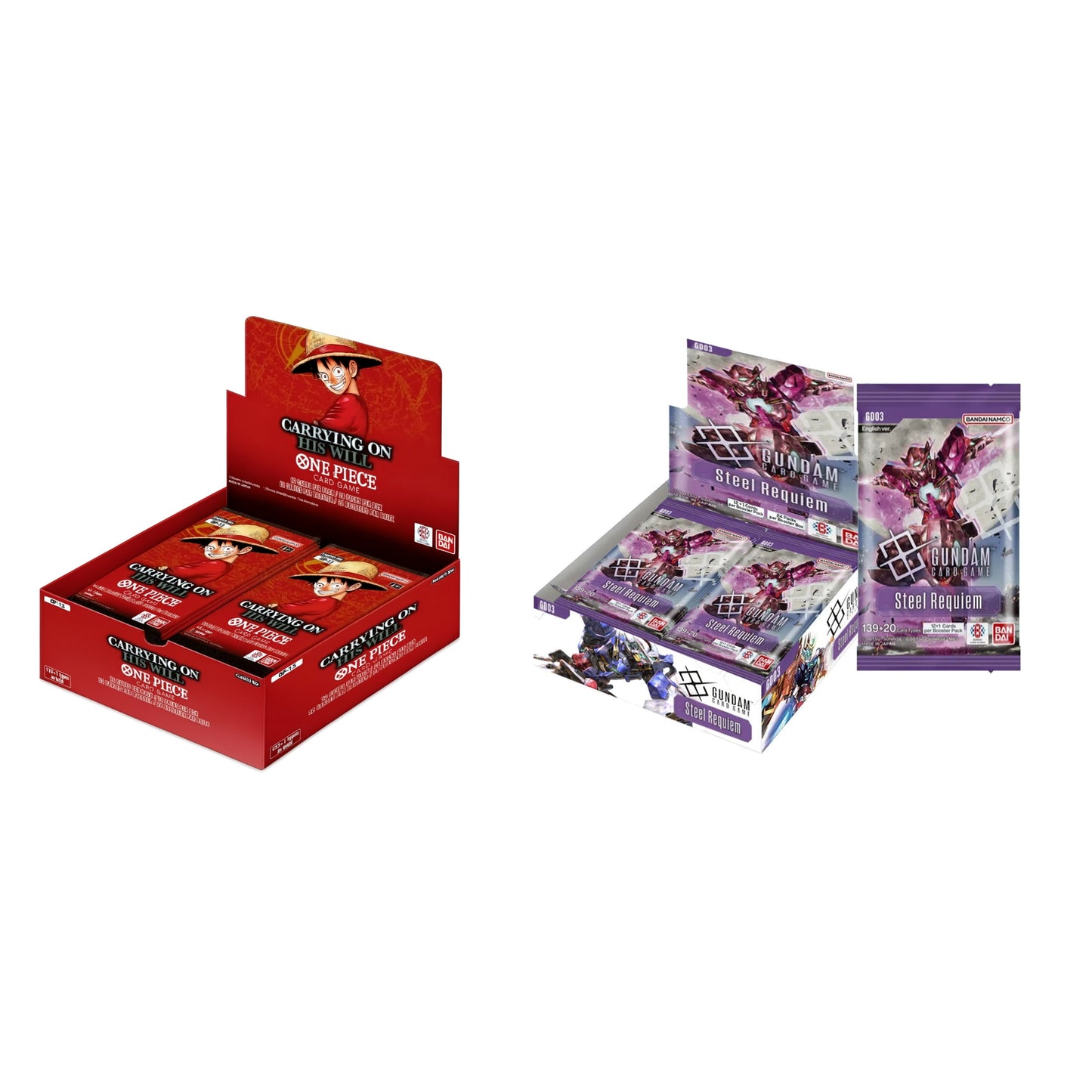 One Piece Carrying on His Will booster box and Gundam Card Game Steel Requiem booster box with matching card packs.