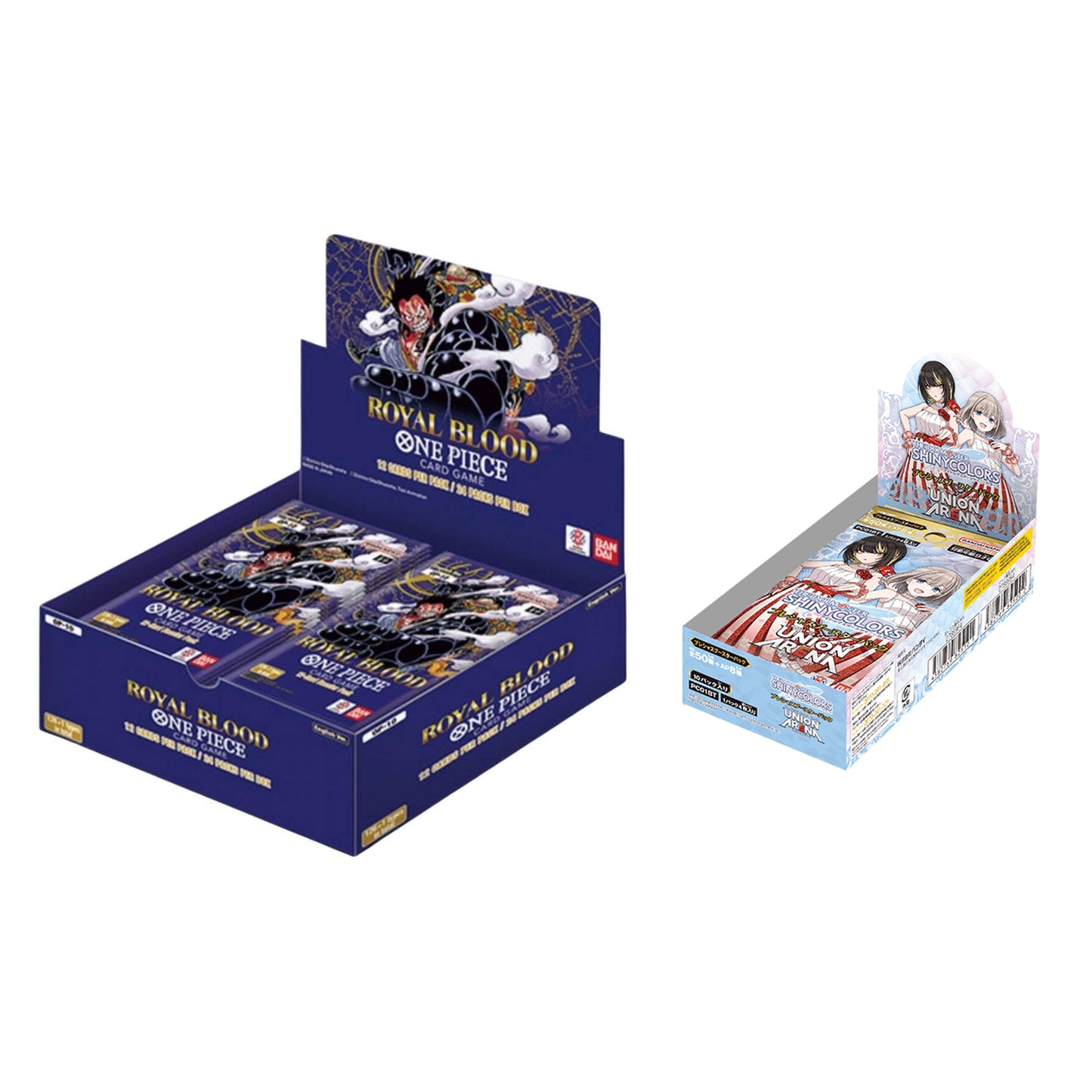One Piece Card Game Royal Blood booster box next to a Union Arena The IdolM@ster Shiny Colors booster box.