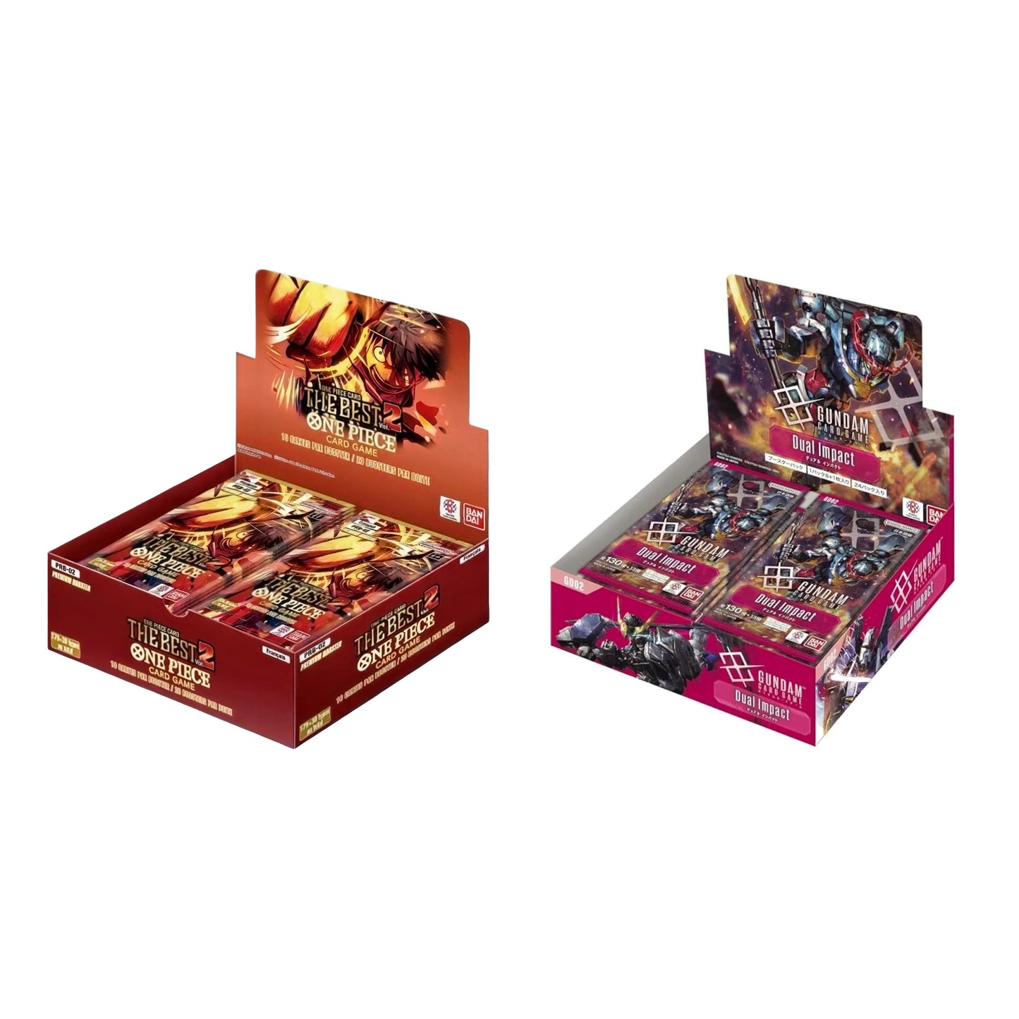 One Piece The Best PRB-02 and Gundam Dual Impact GD-02 booster boxes featuring vibrant character artwork.