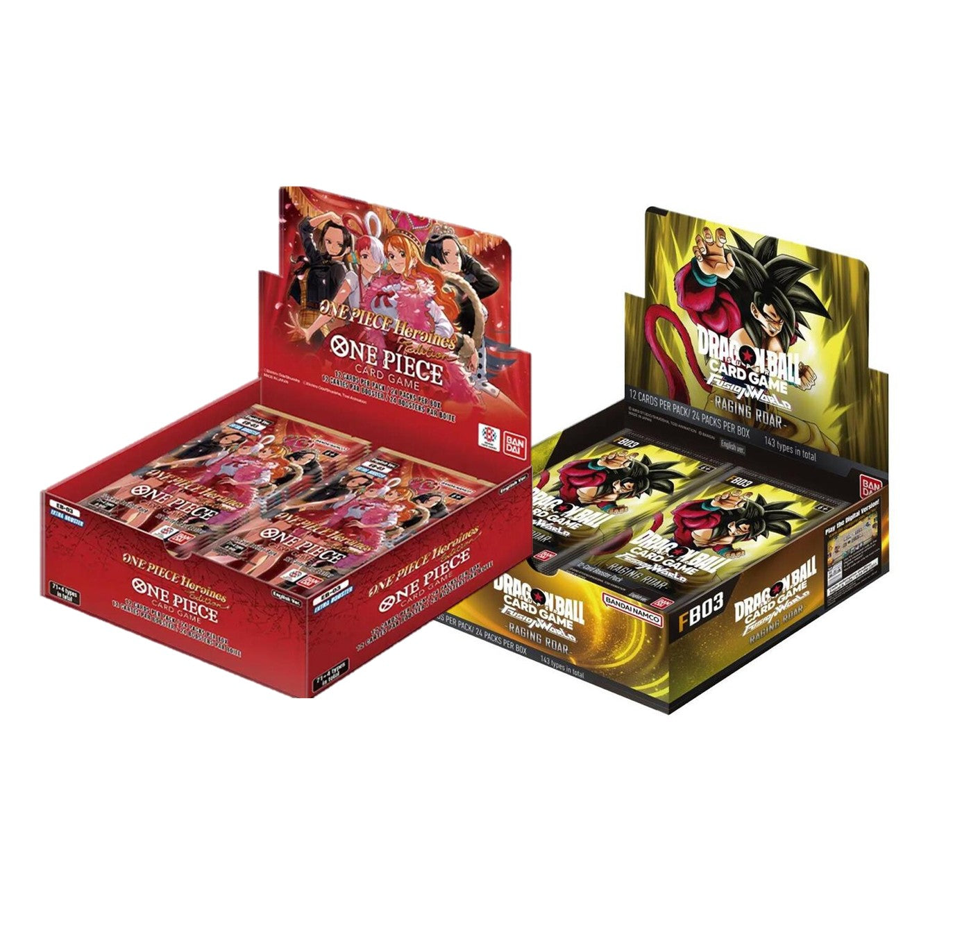 One Piece Heroines EB-03 and Dragon Ball Fusion World Raging Roar booster boxes side by side on a white background.
