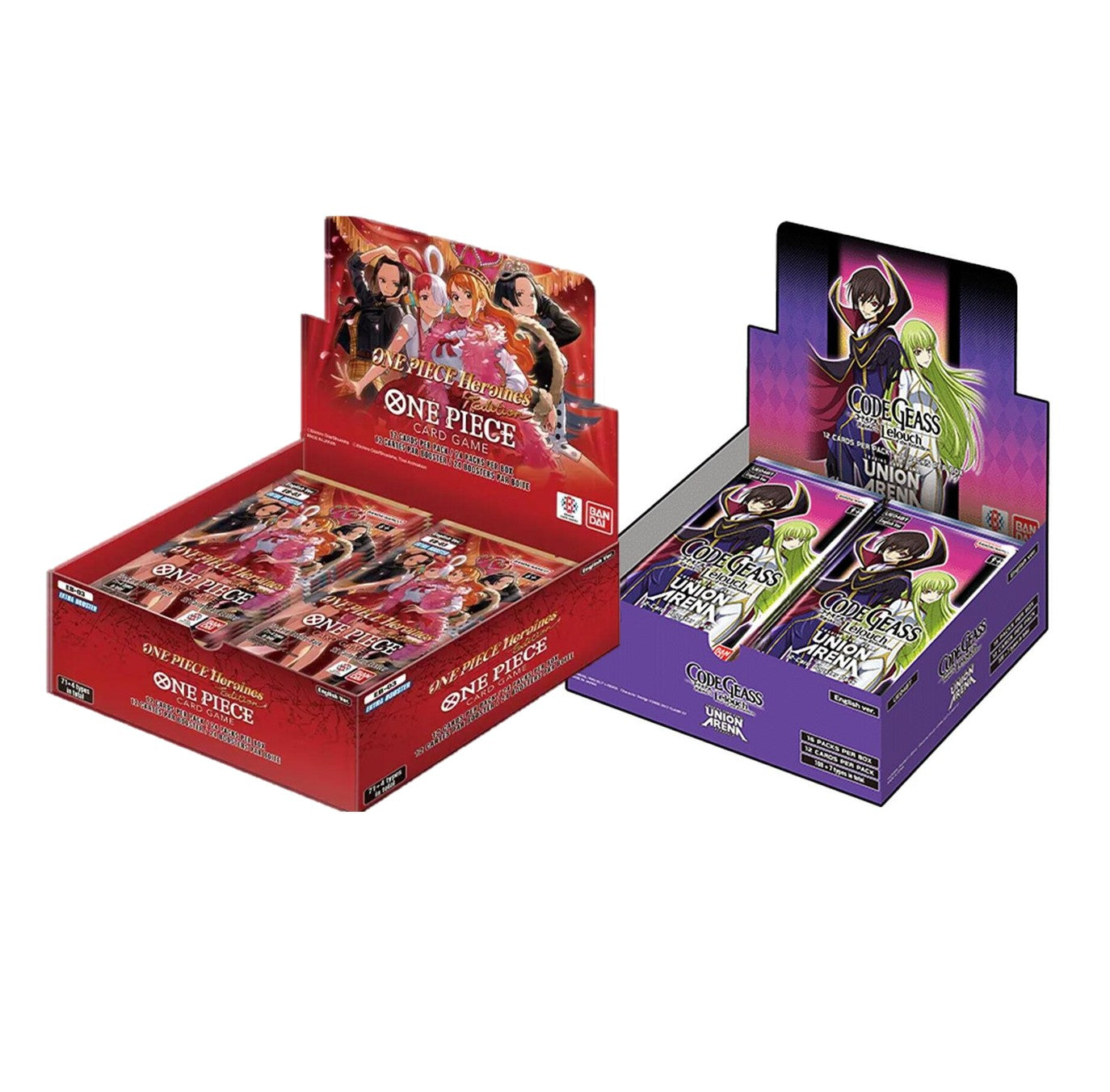 One Piece Heroines EB-03 red booster box and Code Geass Union Arena purple booster box side by side.