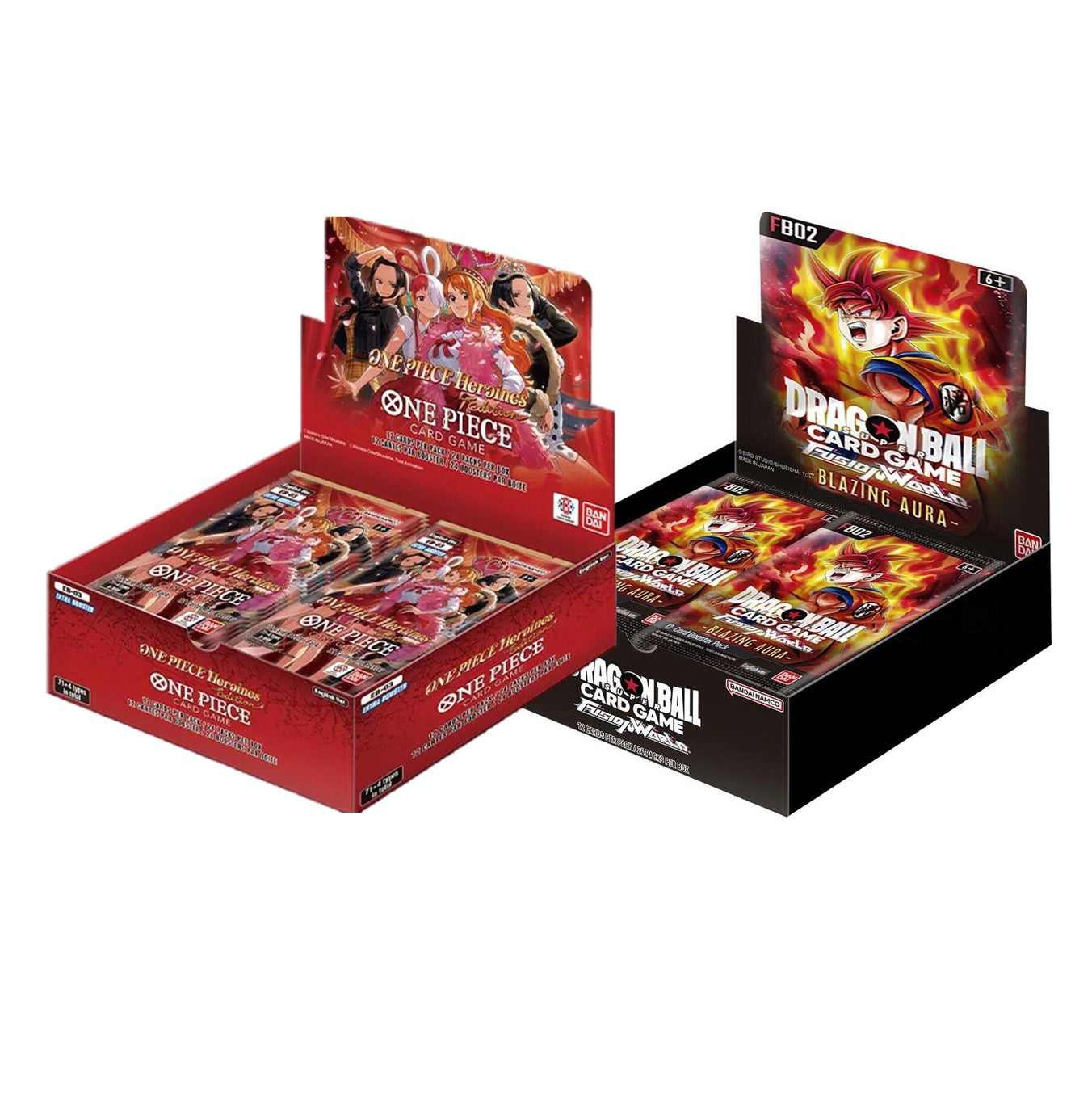 One Piece Heroines EB-03 and Dragon Ball Fusion World booster boxes featuring vibrant character artwork and branding.