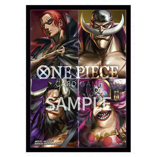 One Piece Card Game protective sleeves featuring the Four Emperors, including Shanks, Whitebeard, Kaido, and Big Mom.