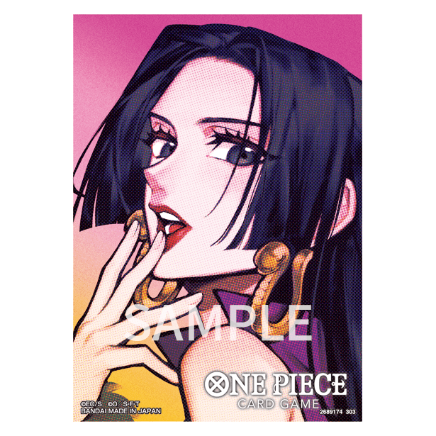 One Piece Card Game Boa Hancock sleeve, featuring the character with dark hair and gold earrings against a pink and yellow background.
