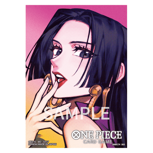 One Piece Card Game Boa Hancock sleeve, featuring the character with dark hair and gold earrings against a pink and yellow background.