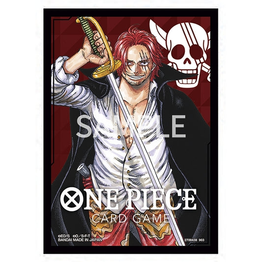 One Piece Card Game protective sleeve featuring Shanks with his sword against a red patterned background and skull logo.