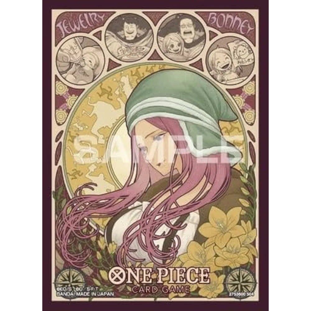 One Piece Card Game Bonney sleeve, featuring Jewelry Bonney with pink hair in a green hood, surrounded by circular character portraits and floral art nouveau details on a dark background.