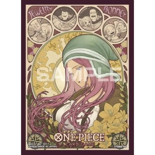 One Piece Card Game Bonney sleeve, featuring Jewelry Bonney with pink hair in a green hood, surrounded by circular character portraits and floral art nouveau details on a dark background.