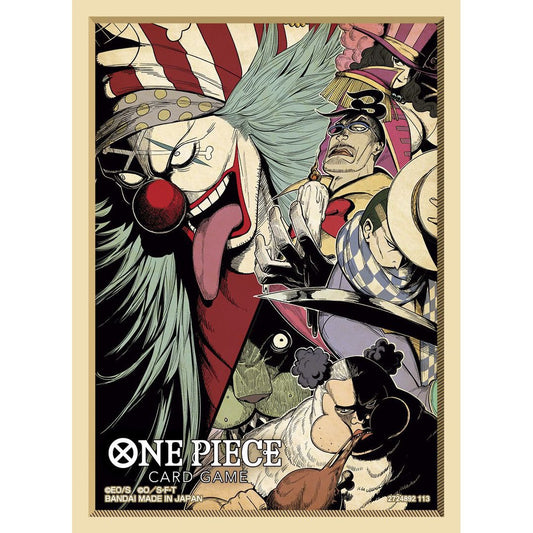 One Piece Card Game Flagship Store Exclusive Buggy card sleeve, featuring Buggy the Clown and other characters.