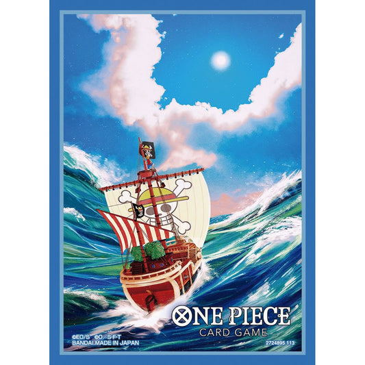 One Piece Card Game sleeve featuring the Going Merry ship on a stormy blue sea, with white clouds and sun.