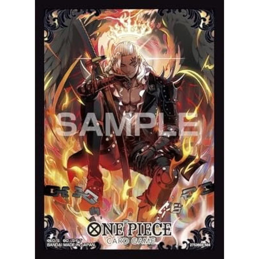 One Piece Card Game sleeve featuring King, a white-haired character with black wings, sword, and fiery background.