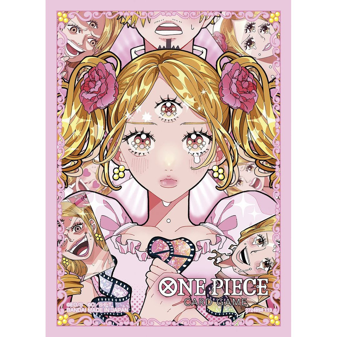 Pink One Piece Card Game sleeve featuring Pudding with three eyes, blonde hair, and pink roses, holding a broken heart.