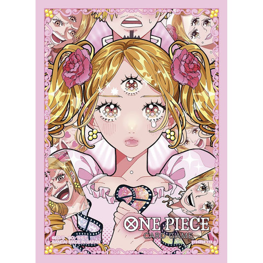 Pink One Piece Card Game sleeve featuring Pudding with three eyes, blonde hair, and pink roses, holding a broken heart.