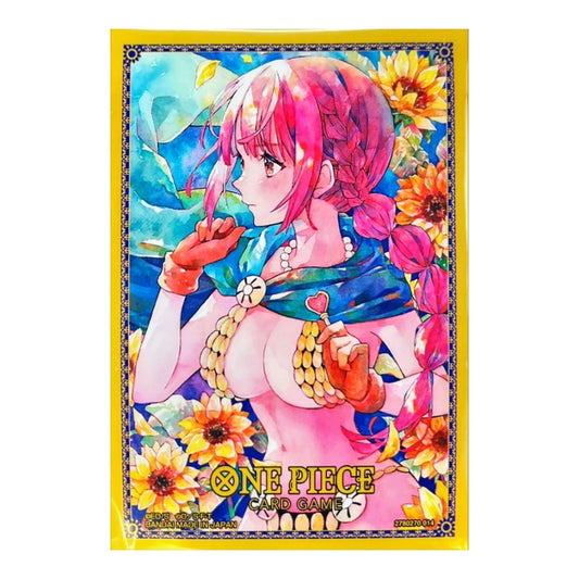 One Piece Flagship Store Vol. 3 card sleeves featuring a vibrant watercolor illustration of Uta surrounded by sunflowers.