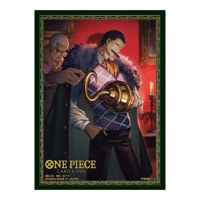 One Piece Card Game protective sleeve featuring Crocodile in a dark, ornate room with a gold hook and green filigree border.