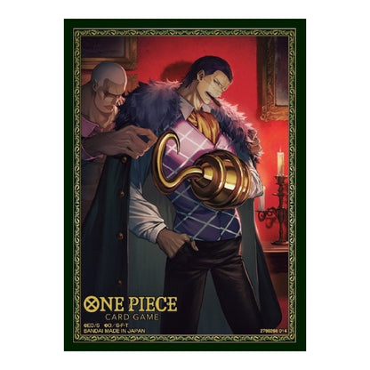 One Piece Card Game protective sleeve featuring Crocodile in a dark, ornate room with a gold hook and green filigree border.