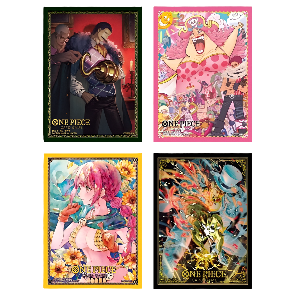Four packs of One Piece Card Game sleeves featuring colorful character art of Crocodile, Big Mom, Uta, and Sabo with gold borders.