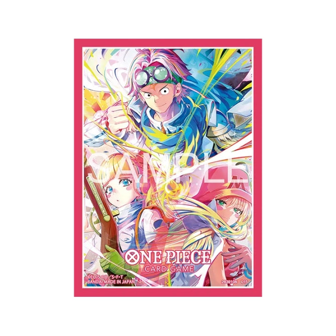 One Piece Card Game Vol. 5 protective sleeves featuring vibrant anime character artwork with a pink border.