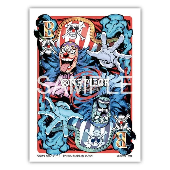 One Piece Card Game Flagship Store Vol. 5 sleeves featuring Buggy the Clown in a vibrant red and blue illustrated design.