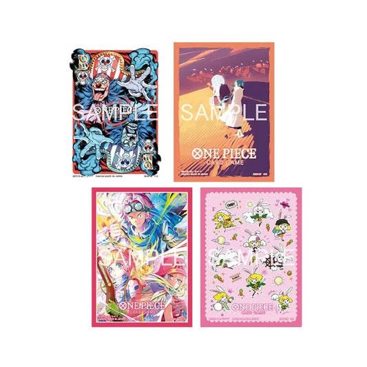 Four packs of One Piece Card Game sleeves featuring colorful character illustrations and official branding on durable PP plastic.