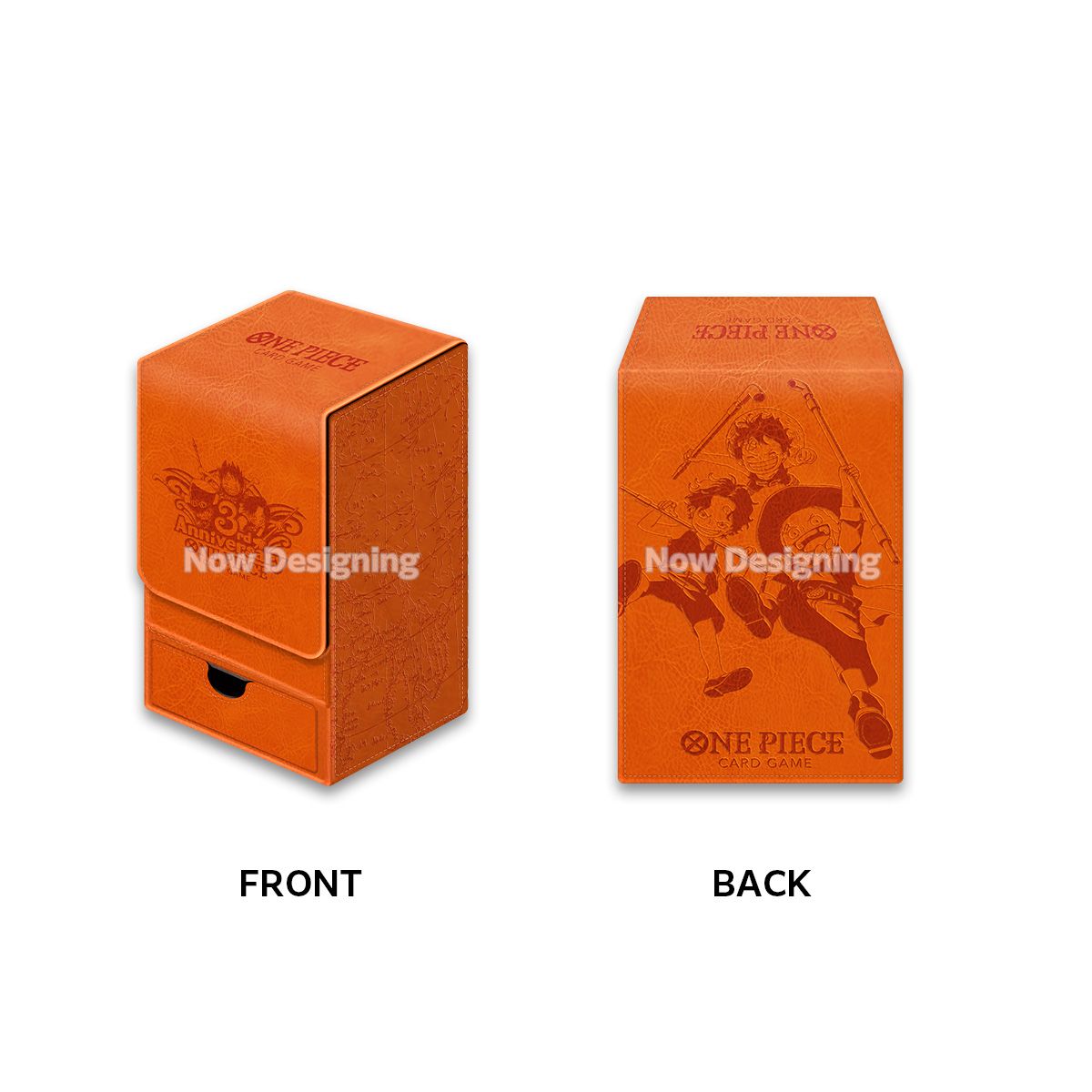 Orange One Piece 3rd Anniversary flip deck case featuring Luffy artwork, magnetic closure, and a built-in accessory drawer.