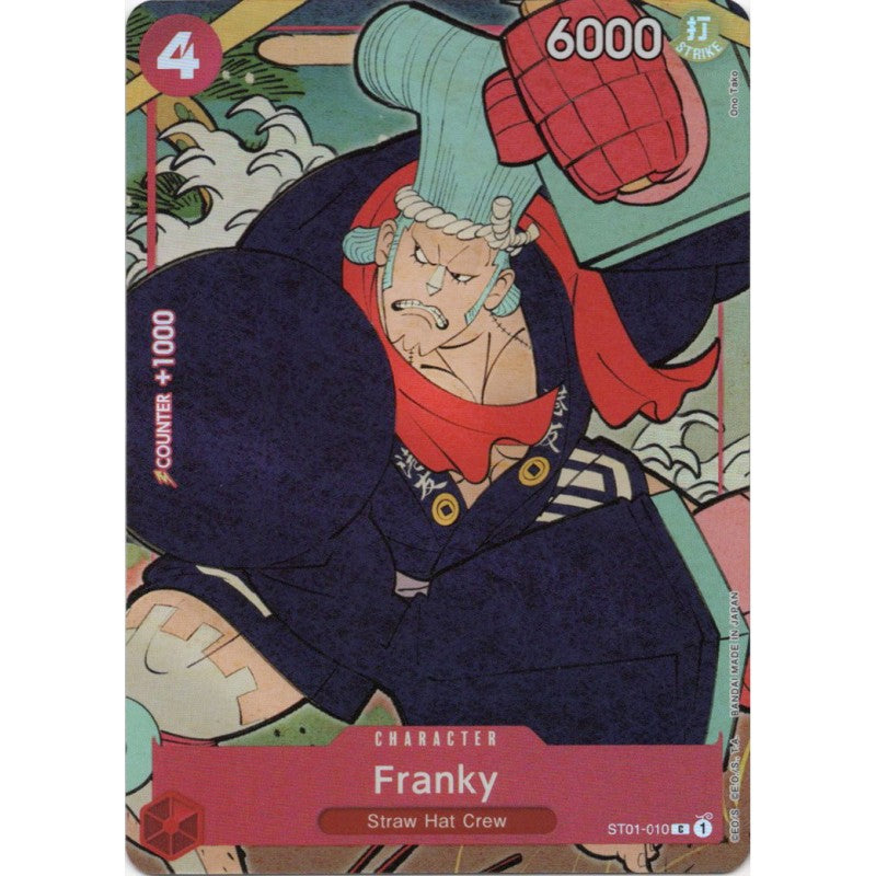 Franky - EN Ver. 1st Anniversary trading card featuring Franky in a blue robe and red scarf.