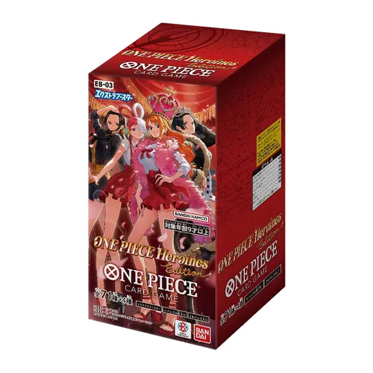 Factory-sealed One Piece Card Game Heroine Editions EB-03 booster box featuring colorful anime character artwork.