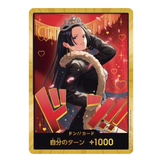 One Piece Heroines Edition Boa Hancock Don! card featuring a gold border, red heart background, and Japanese text.