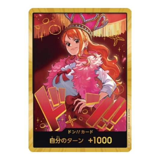 Japanese One Piece Heroines Edition Nami Don! card featuring a gold border, pink feather boa, and crown illustration.