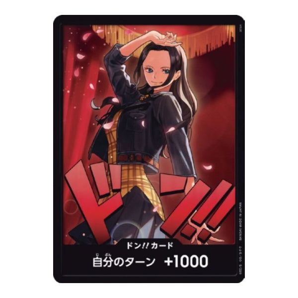 Japanese One Piece Card Game Don! card featuring Nico Robin in a black jacket against a red background with petals.