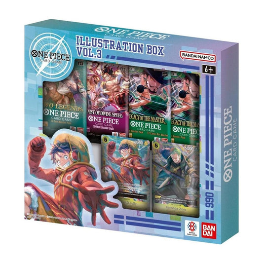 One Piece Card Game Illustration Box Vol. 3 featuring four booster packs and two promotional Luffy and Zoro cards.