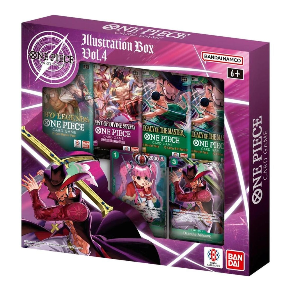 One Piece Card Game Illustration Box Vol. 4 featuring four booster packs and two promotional cards in a purple box.
